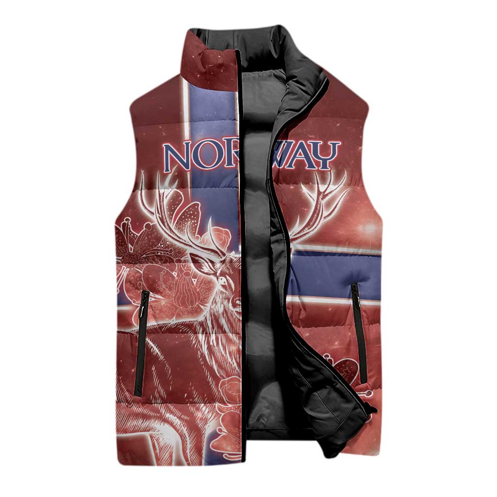 Personalized Norway Sleeveless Puffer Jacket The Moose With Saxifrage Flowers Galaxy Style - Wonder Print Shop