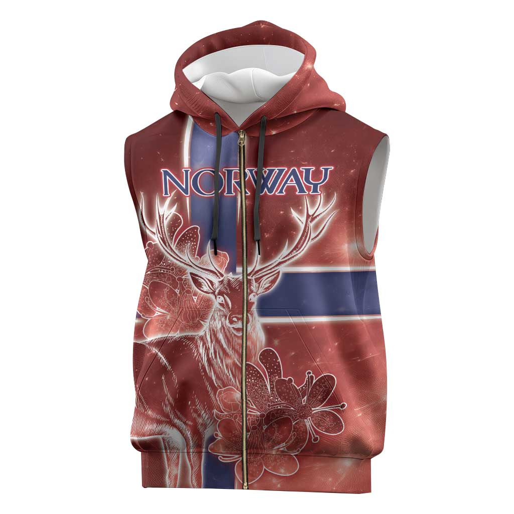 Personalized Norway Sleeveless Zip Hoodie The Moose With Saxifrage Flowers Galaxy Style - Wonder Print Shop