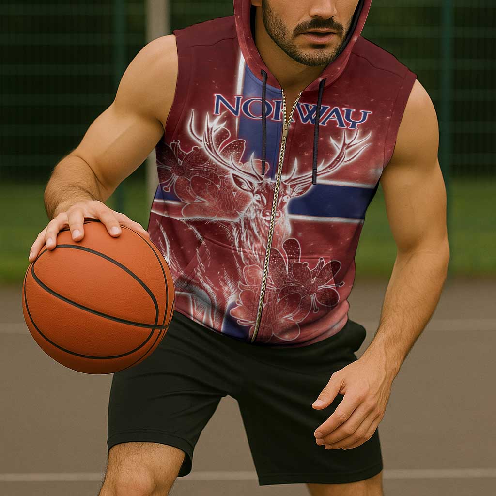 Personalized Norway Sleeveless Zip Hoodie The Moose With Saxifrage Flowers Galaxy Style - Wonder Print Shop