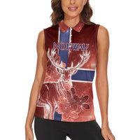 Personalized Norway Women Sleeveless Polo Shirt The Moose With Saxifrage Flowers Galaxy Style - Wonder Print Shop