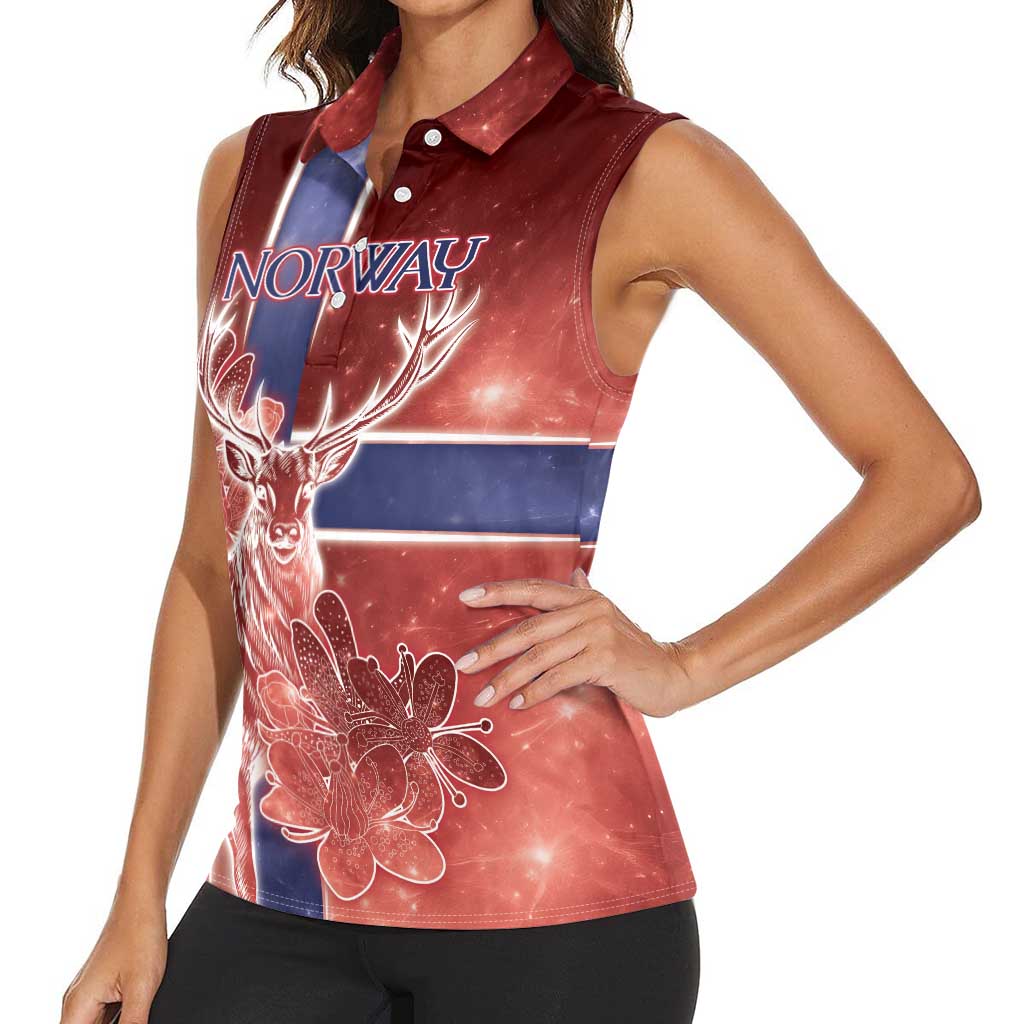 Personalized Norway Women Sleeveless Polo Shirt The Moose With Saxifrage Flowers Galaxy Style - Wonder Print Shop