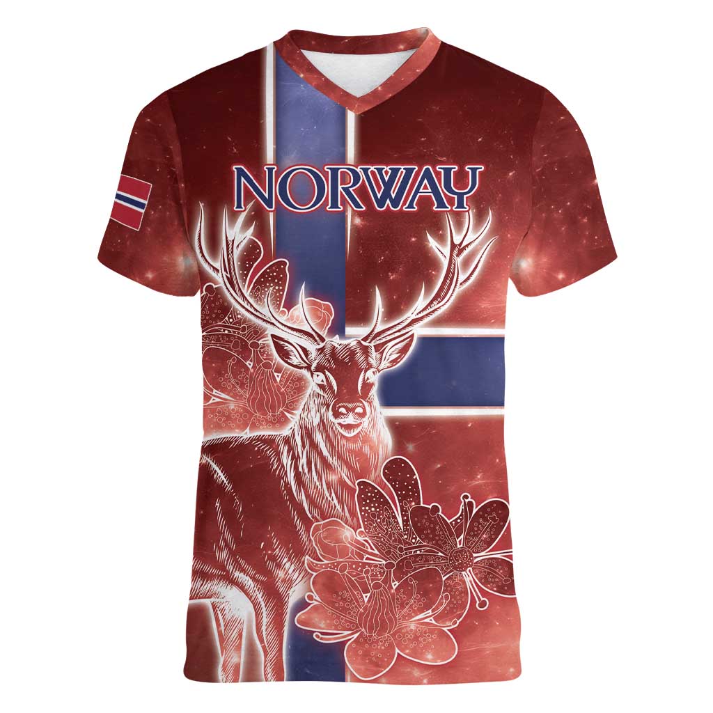 Personalized Norway Women V-Neck T-Shirt The Moose With Saxifrage Flowers Galaxy Style - Wonder Print Shop