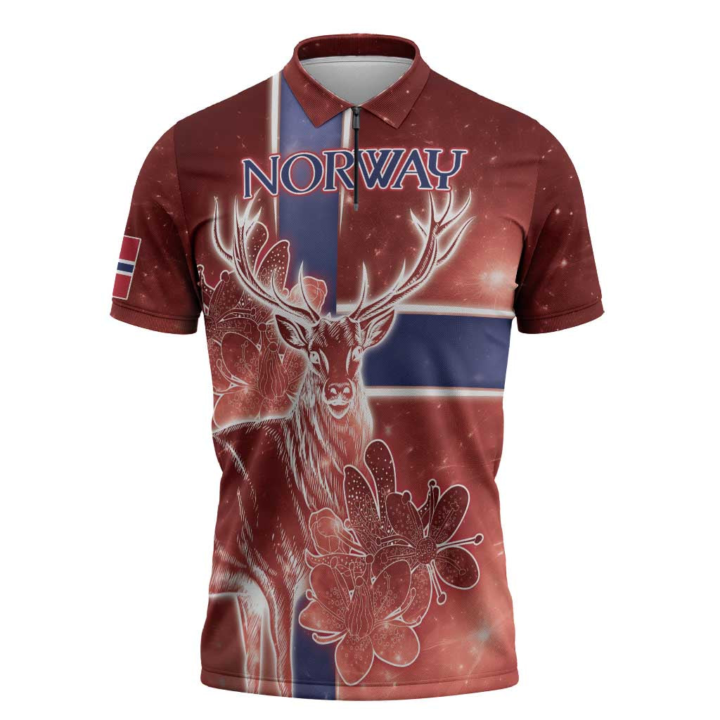 Personalized Norway Zipper Polo Shirt The Moose With Saxifrage Flowers Galaxy Style - Wonder Print Shop