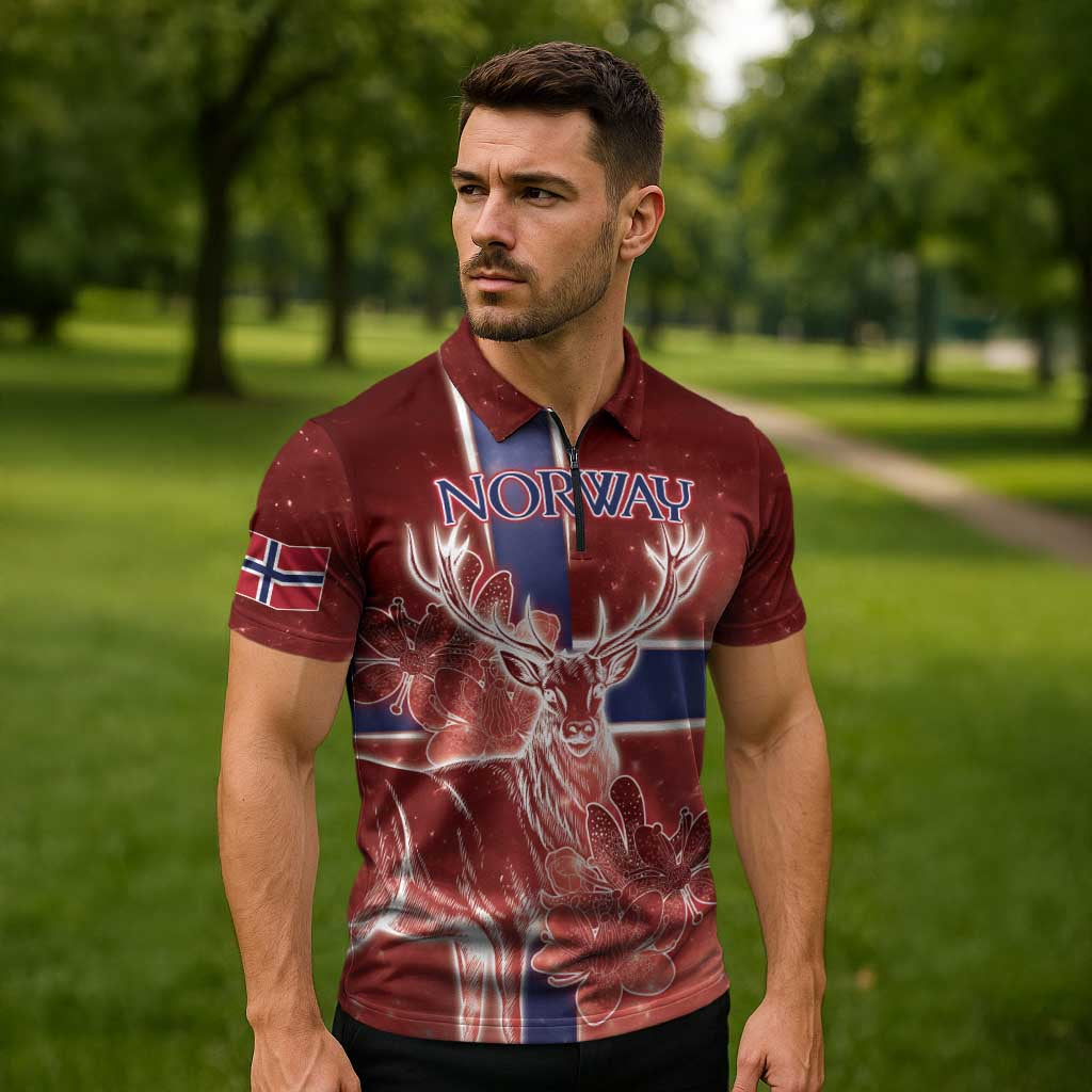 Personalized Norway Zipper Polo Shirt The Moose With Saxifrage Flowers Galaxy Style - Wonder Print Shop
