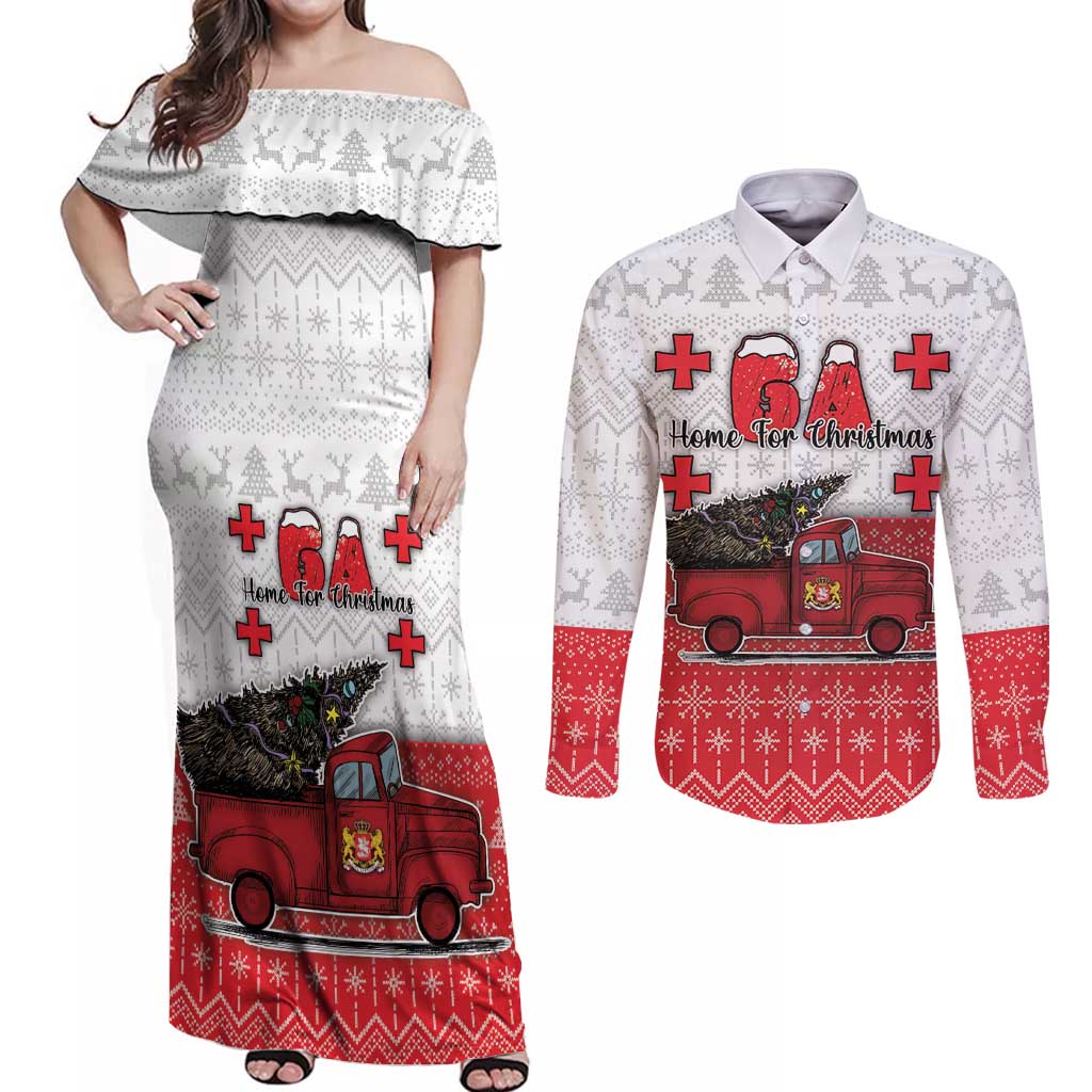 Georgia Christmas Couples Matching Off Shoulder Maxi Dress and Long Sleeve Button Shirt GA Home For Christmas - Wonder Print Shop