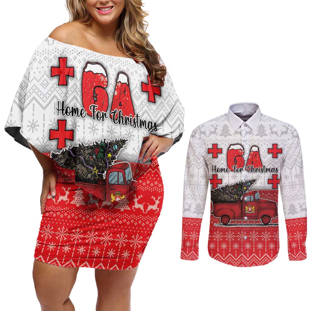 Georgia Christmas Couples Matching Off Shoulder Short Dress and Long Sleeve Button Shirt GA Home For Christmas - Wonder Print Shop