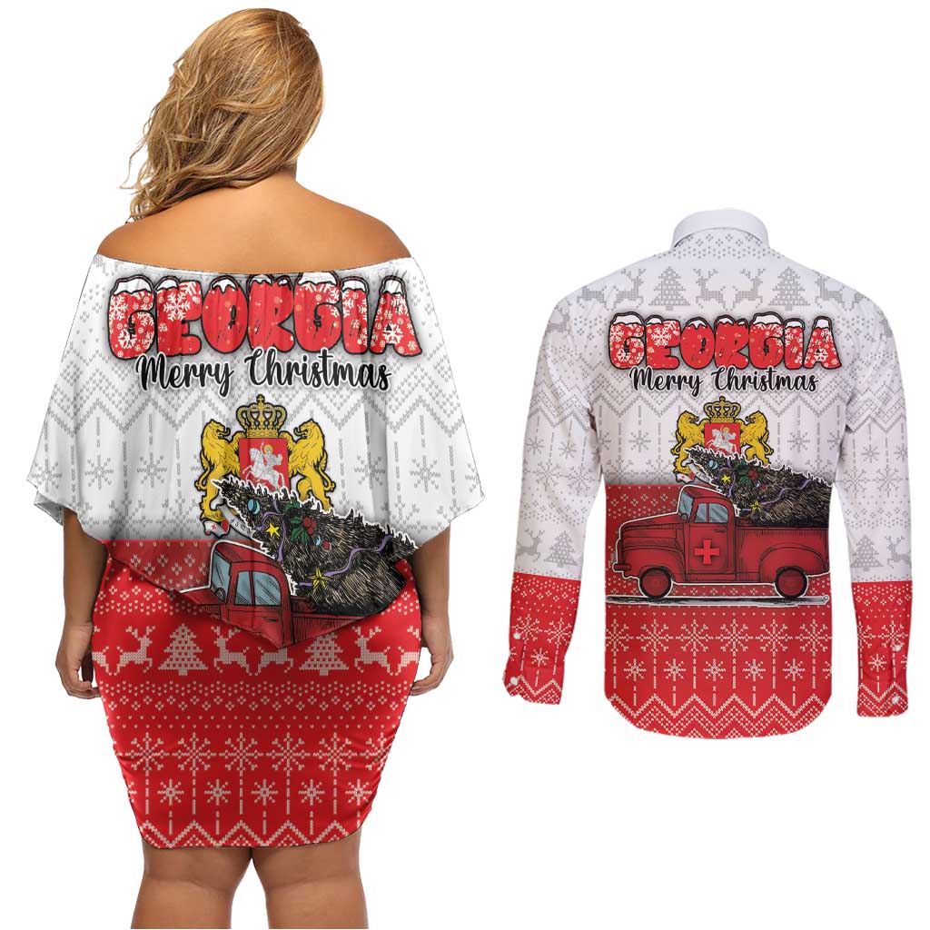 Georgia Christmas Couples Matching Off Shoulder Short Dress and Long Sleeve Button Shirt GA Home For Christmas - Wonder Print Shop