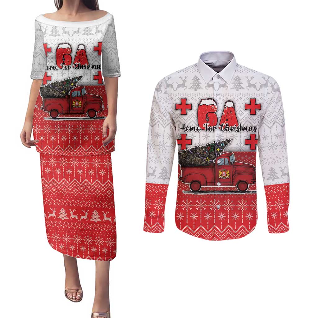 Georgia Christmas Couples Matching Puletasi and Long Sleeve Button Shirt GA Home For Christmas - Wonder Print Shop