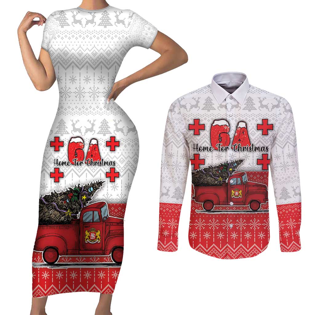 Georgia Christmas Couples Matching Short Sleeve Bodycon Dress and Long Sleeve Button Shirt GA Home For Christmas - Wonder Print Shop