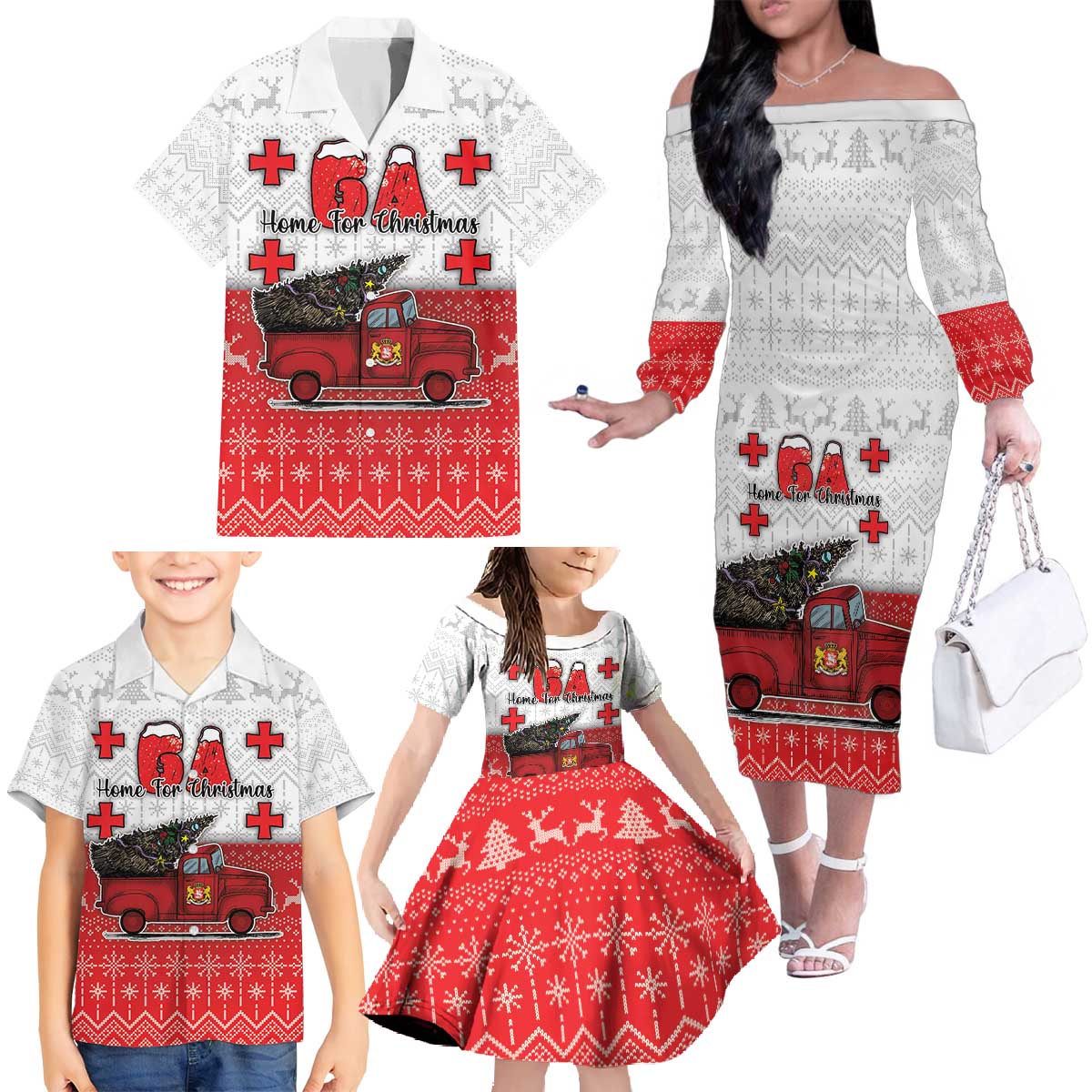 Georgia Christmas Family Matching Off The Shoulder Long Sleeve Dress and Hawaiian Shirt GA Home For Christmas - Wonder Print Shop