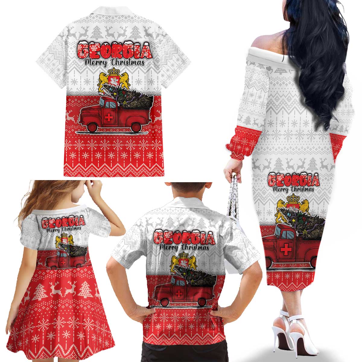Georgia Christmas Family Matching Off The Shoulder Long Sleeve Dress and Hawaiian Shirt GA Home For Christmas - Wonder Print Shop