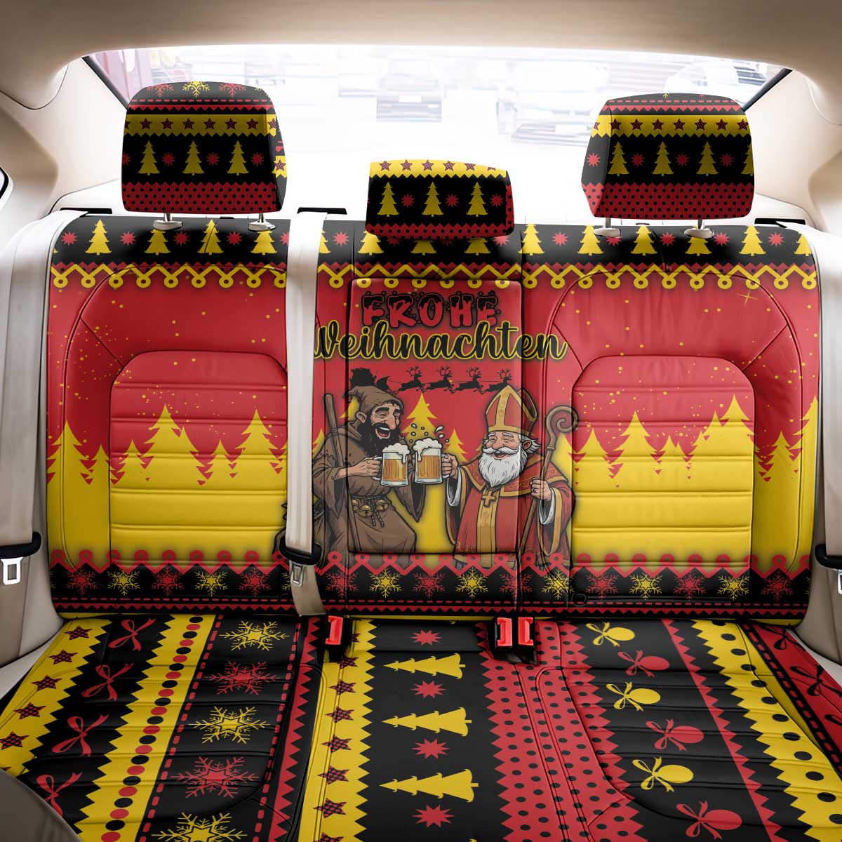 Germany Christmas Back Car Seat Cover Saint Nicholas And Knecht Ruprecht Drink Beer - Wonder Print Shop