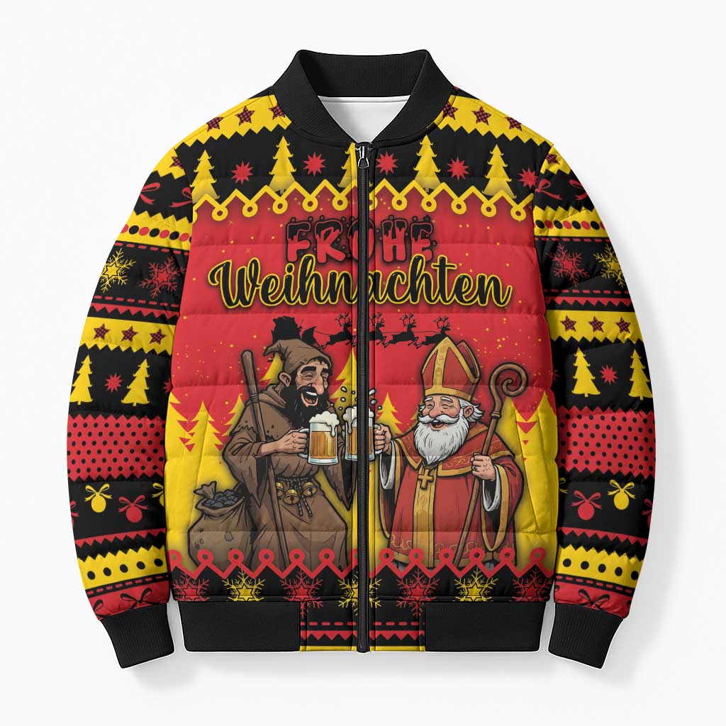 Germany Christmas Bomber Puffer Jacket Saint Nicholas And Knecht Ruprecht Drink Beer - Wonder Print Shop