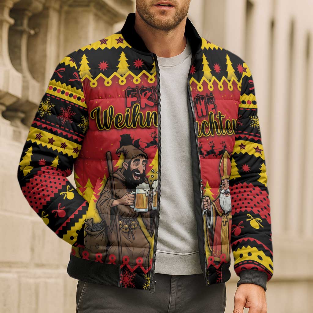Germany Christmas Bomber Puffer Jacket Saint Nicholas And Knecht Ruprecht Drink Beer - Wonder Print Shop