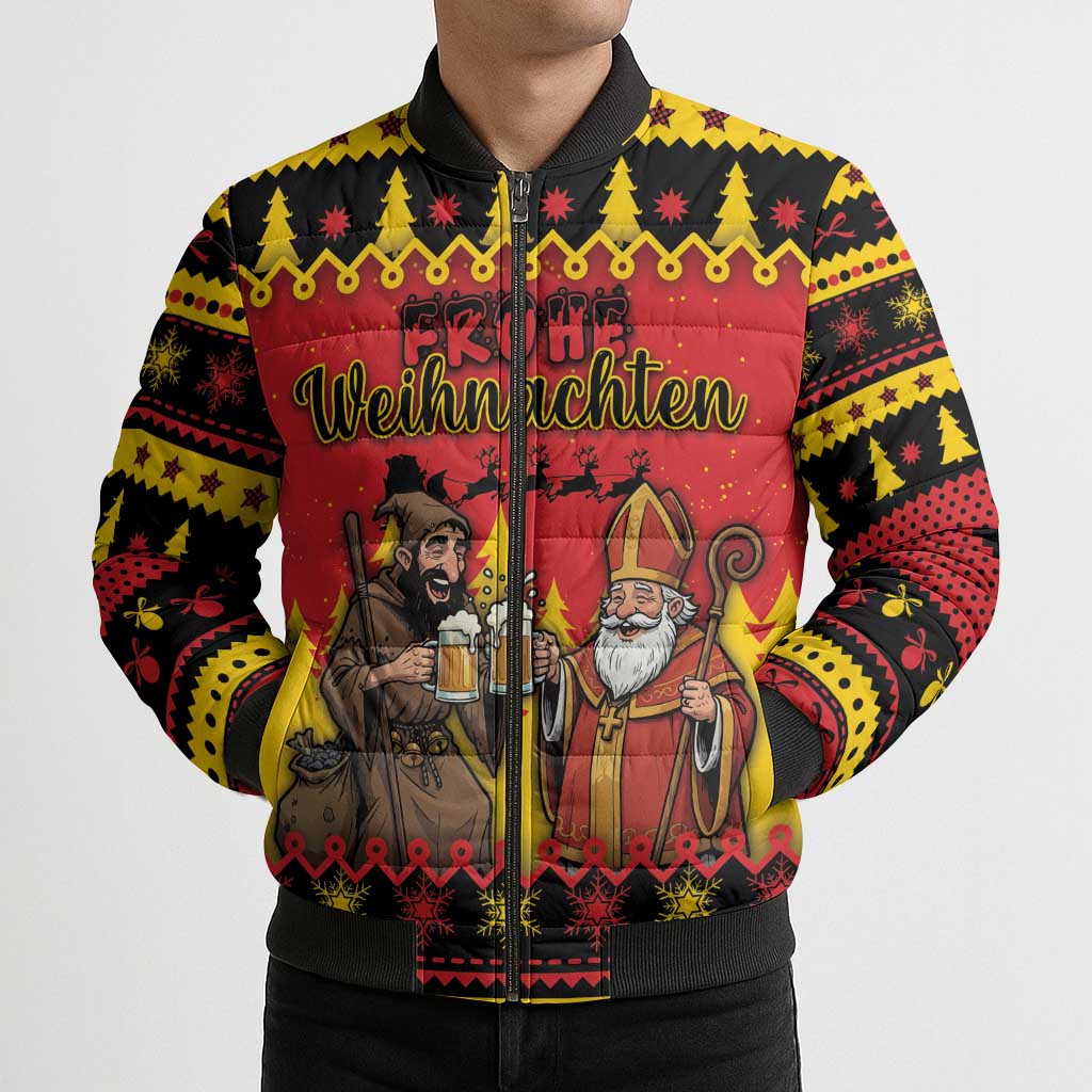 Germany Christmas Bomber Puffer Jacket Saint Nicholas And Knecht Ruprecht Drink Beer - Wonder Print Shop
