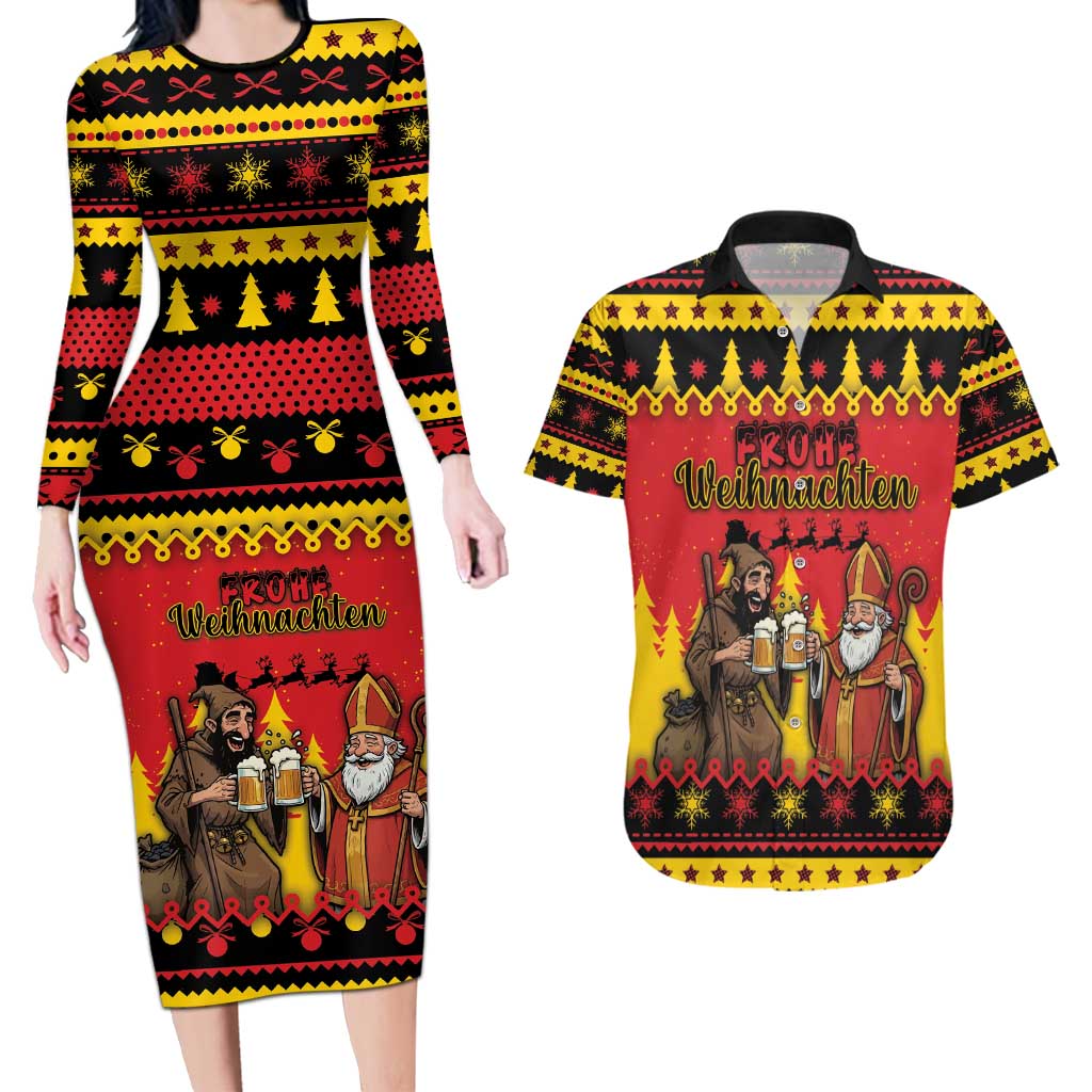 Germany Christmas Couples Matching Long Sleeve Bodycon Dress and Hawaiian Shirt Saint Nicholas And Knecht Ruprecht Drink Beer - Wonder Print Shop