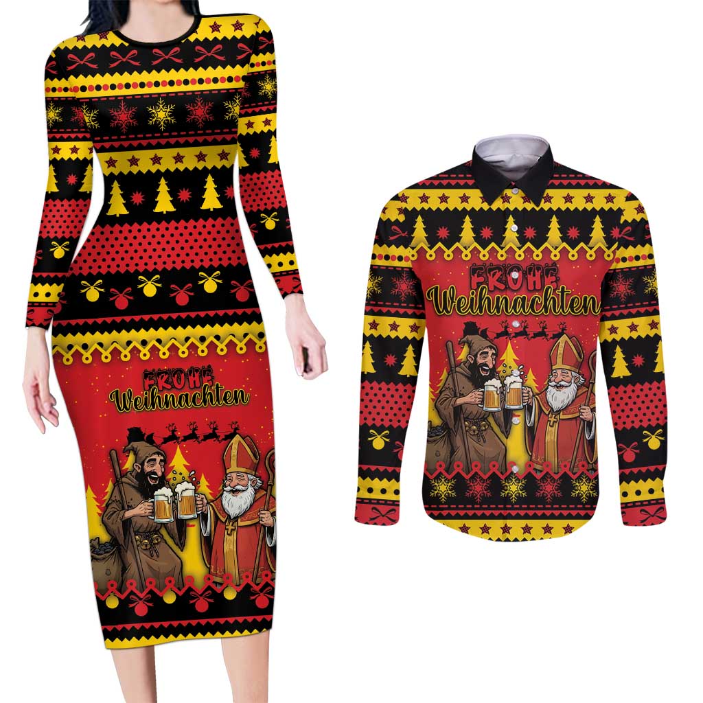 Germany Christmas Couples Matching Long Sleeve Bodycon Dress and Long Sleeve Button Shirt Saint Nicholas And Knecht Ruprecht Drink Beer - Wonder Print Shop