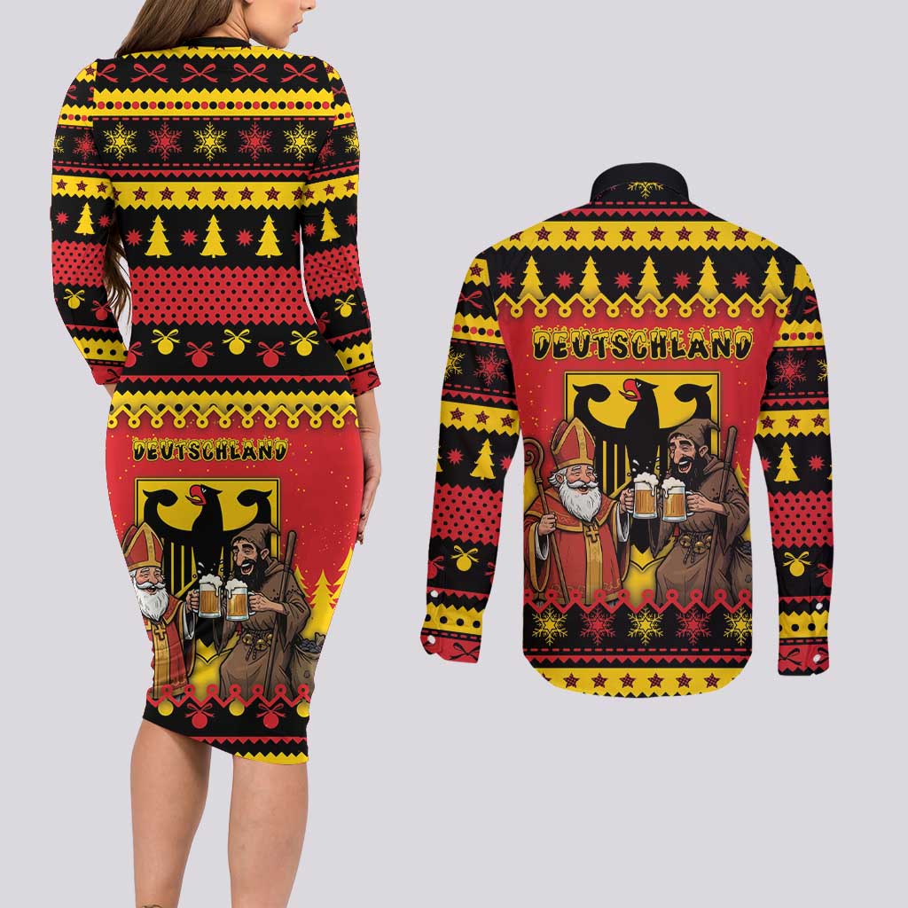 Germany Christmas Couples Matching Long Sleeve Bodycon Dress and Long Sleeve Button Shirt Saint Nicholas And Knecht Ruprecht Drink Beer - Wonder Print Shop