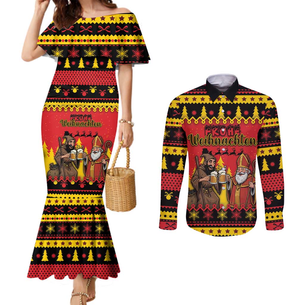 Germany Christmas Couples Matching Mermaid Dress and Long Sleeve Button Shirt Saint Nicholas And Knecht Ruprecht Drink Beer - Wonder Print Shop
