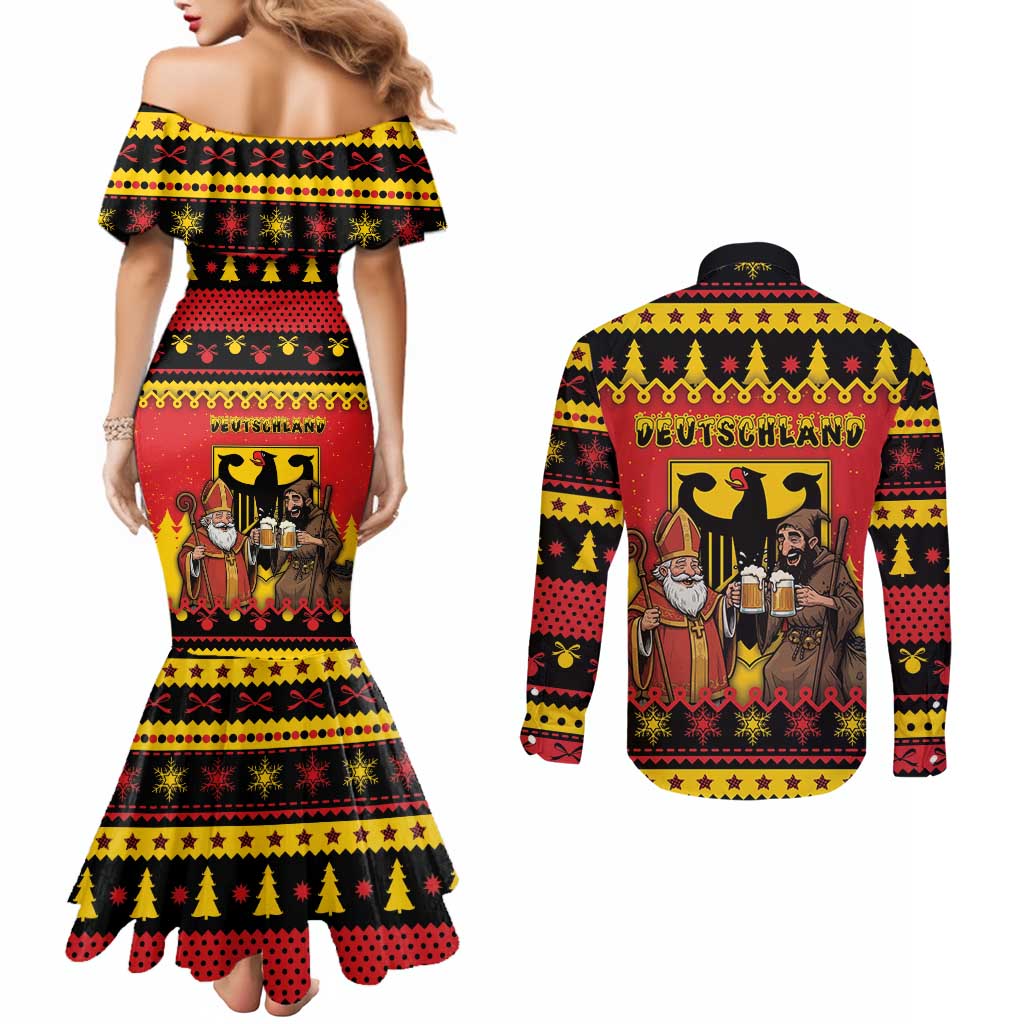Germany Christmas Couples Matching Mermaid Dress and Long Sleeve Button Shirt Saint Nicholas And Knecht Ruprecht Drink Beer - Wonder Print Shop