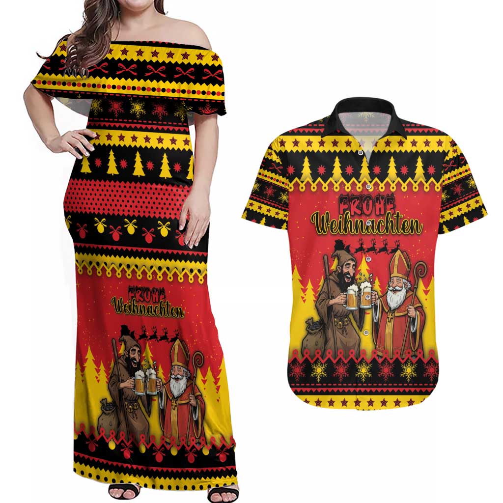 Germany Christmas Couples Matching Off Shoulder Maxi Dress and Hawaiian Shirt Saint Nicholas And Knecht Ruprecht Drink Beer - Wonder Print Shop