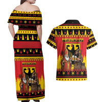 Germany Christmas Couples Matching Off Shoulder Maxi Dress and Hawaiian Shirt Saint Nicholas And Knecht Ruprecht Drink Beer - Wonder Print Shop