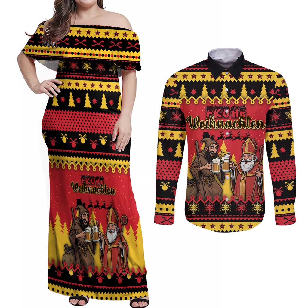 Germany Christmas Couples Matching Off Shoulder Maxi Dress and Long Sleeve Button Shirt Saint Nicholas And Knecht Ruprecht Drink Beer - Wonder Print Shop