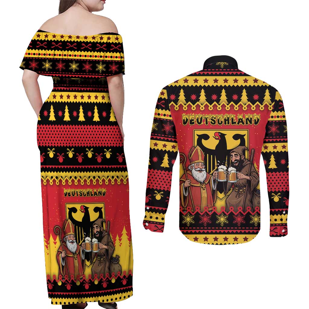 Germany Christmas Couples Matching Off Shoulder Maxi Dress and Long Sleeve Button Shirt Saint Nicholas And Knecht Ruprecht Drink Beer - Wonder Print Shop