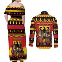 Germany Christmas Couples Matching Off Shoulder Maxi Dress and Long Sleeve Button Shirt Saint Nicholas And Knecht Ruprecht Drink Beer - Wonder Print Shop