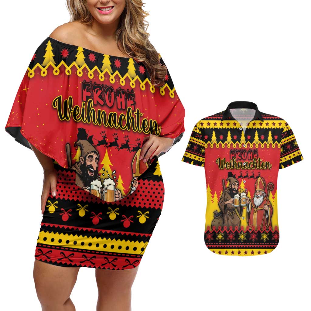 Germany Christmas Couples Matching Off Shoulder Short Dress and Hawaiian Shirt Saint Nicholas And Knecht Ruprecht Drink Beer - Wonder Print Shop