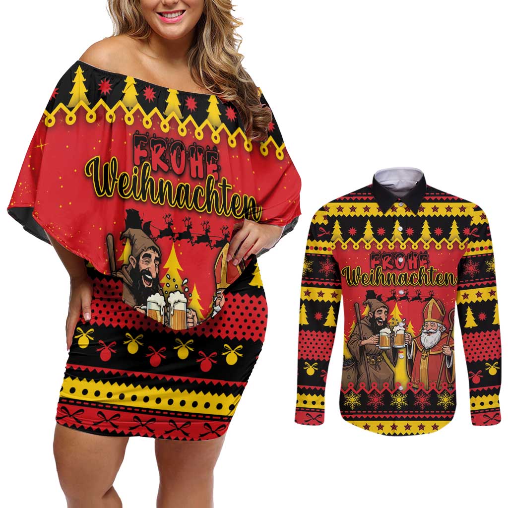 Germany Christmas Couples Matching Off Shoulder Short Dress and Long Sleeve Button Shirt Saint Nicholas And Knecht Ruprecht Drink Beer - Wonder Print Shop