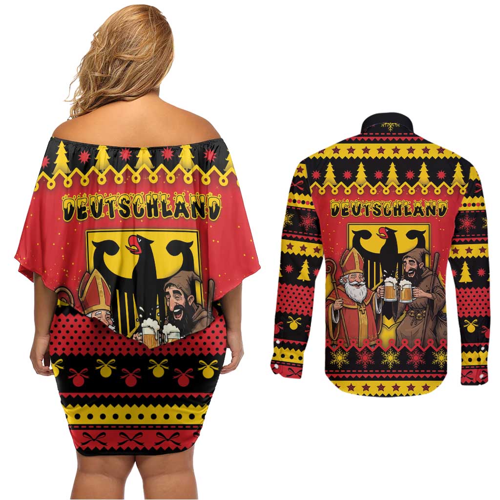 Germany Christmas Couples Matching Off Shoulder Short Dress and Long Sleeve Button Shirt Saint Nicholas And Knecht Ruprecht Drink Beer - Wonder Print Shop