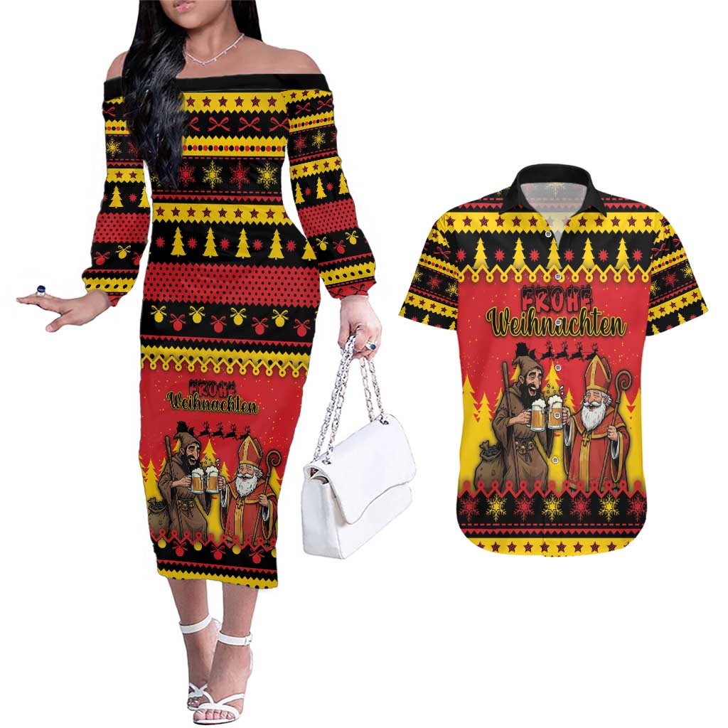 Germany Christmas Couples Matching Off The Shoulder Long Sleeve Dress and Hawaiian Shirt Saint Nicholas And Knecht Ruprecht Drink Beer - Wonder Print Shop