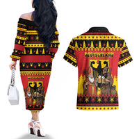 Germany Christmas Couples Matching Off The Shoulder Long Sleeve Dress and Hawaiian Shirt Saint Nicholas And Knecht Ruprecht Drink Beer - Wonder Print Shop