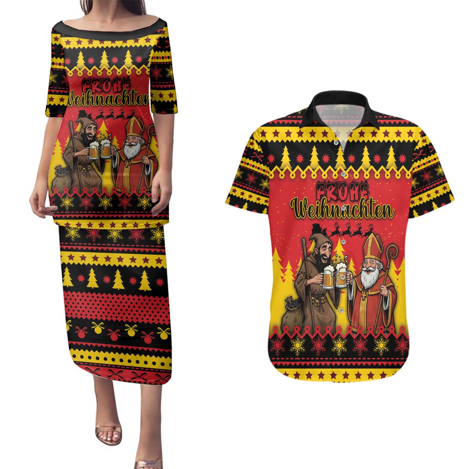 Germany Christmas Couples Matching Puletasi and Hawaiian Shirt Saint Nicholas And Knecht Ruprecht Drink Beer - Wonder Print Shop