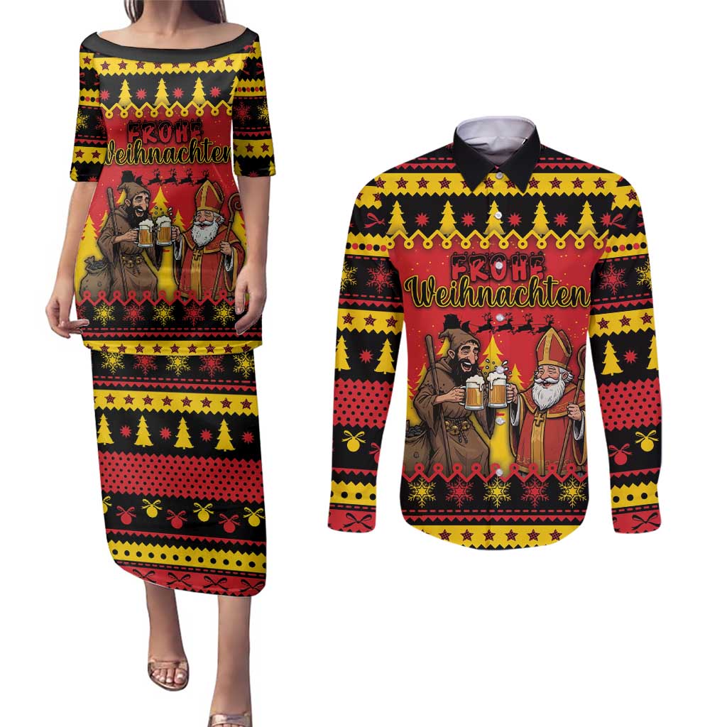 Germany Christmas Couples Matching Puletasi and Long Sleeve Button Shirt Saint Nicholas And Knecht Ruprecht Drink Beer - Wonder Print Shop