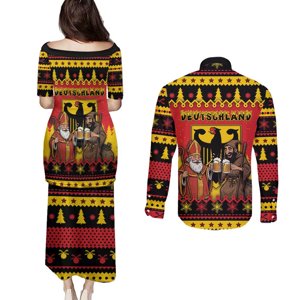 Germany Christmas Couples Matching Puletasi and Long Sleeve Button Shirt Saint Nicholas And Knecht Ruprecht Drink Beer - Wonder Print Shop