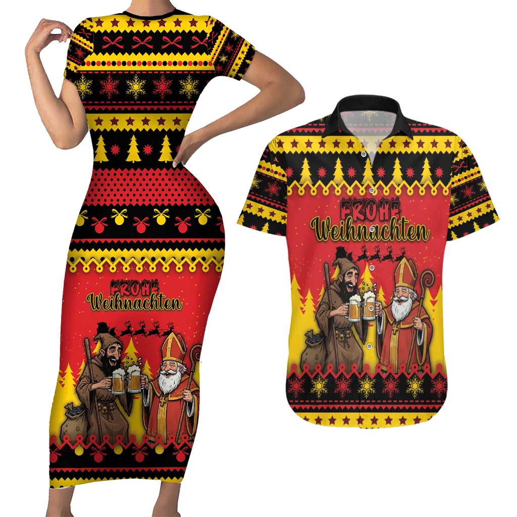 Germany Christmas Couples Matching Short Sleeve Bodycon Dress and Hawaiian Shirt Saint Nicholas And Knecht Ruprecht Drink Beer - Wonder Print Shop