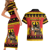 Germany Christmas Couples Matching Short Sleeve Bodycon Dress and Hawaiian Shirt Saint Nicholas And Knecht Ruprecht Drink Beer - Wonder Print Shop