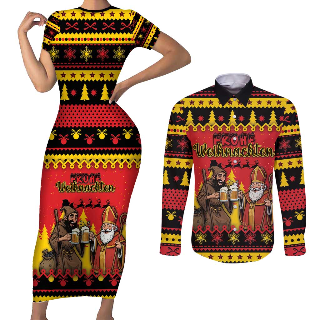 Germany Christmas Couples Matching Short Sleeve Bodycon Dress and Long Sleeve Button Shirt Saint Nicholas And Knecht Ruprecht Drink Beer - Wonder Print Shop
