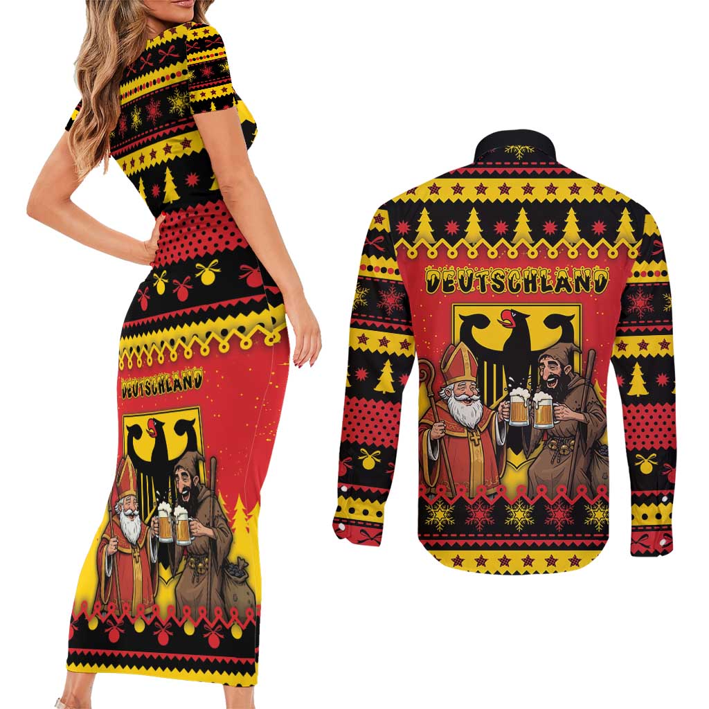 Germany Christmas Couples Matching Short Sleeve Bodycon Dress and Long Sleeve Button Shirt Saint Nicholas And Knecht Ruprecht Drink Beer - Wonder Print Shop