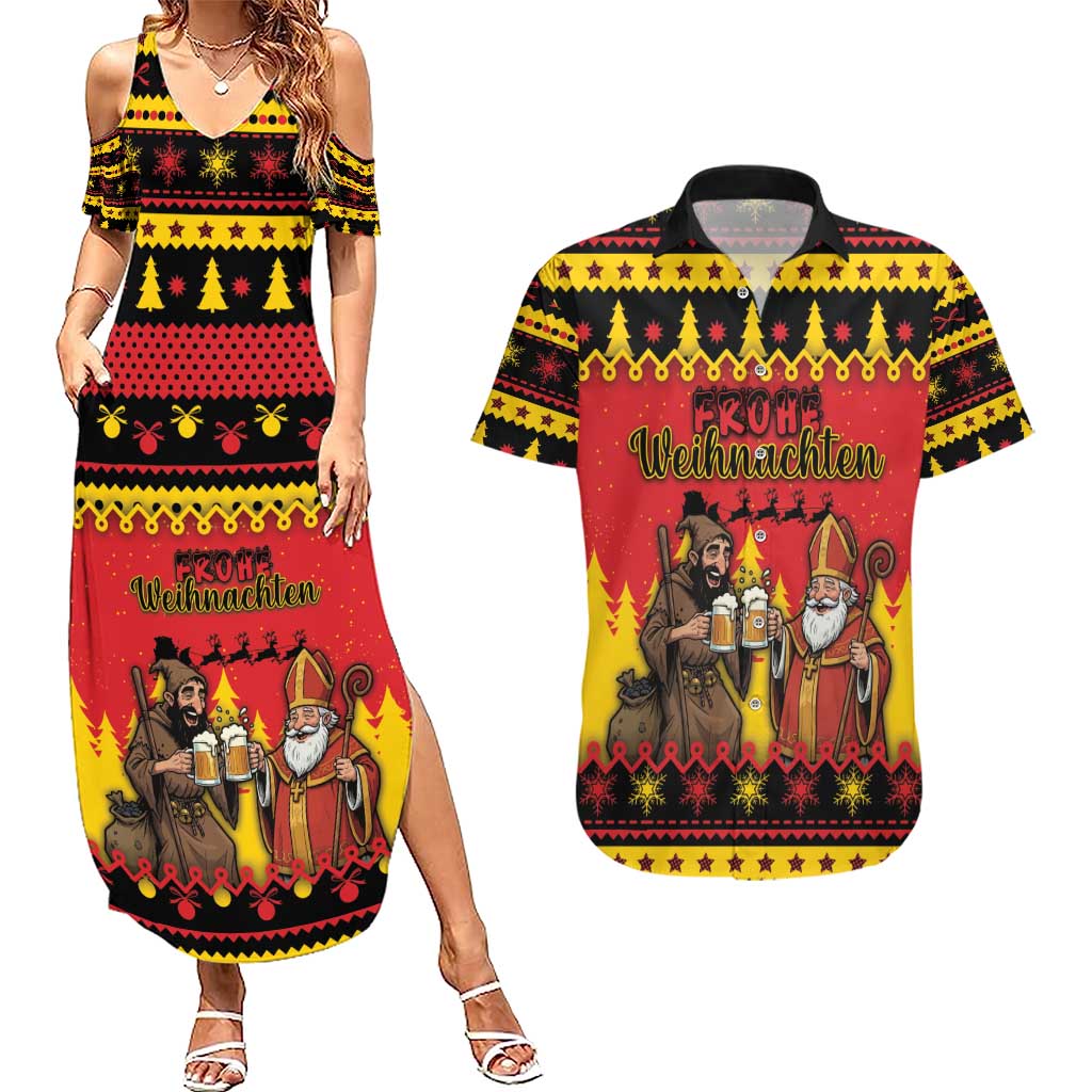 Germany Christmas Couples Matching Summer Maxi Dress and Hawaiian Shirt Saint Nicholas And Knecht Ruprecht Drink Beer - Wonder Print Shop