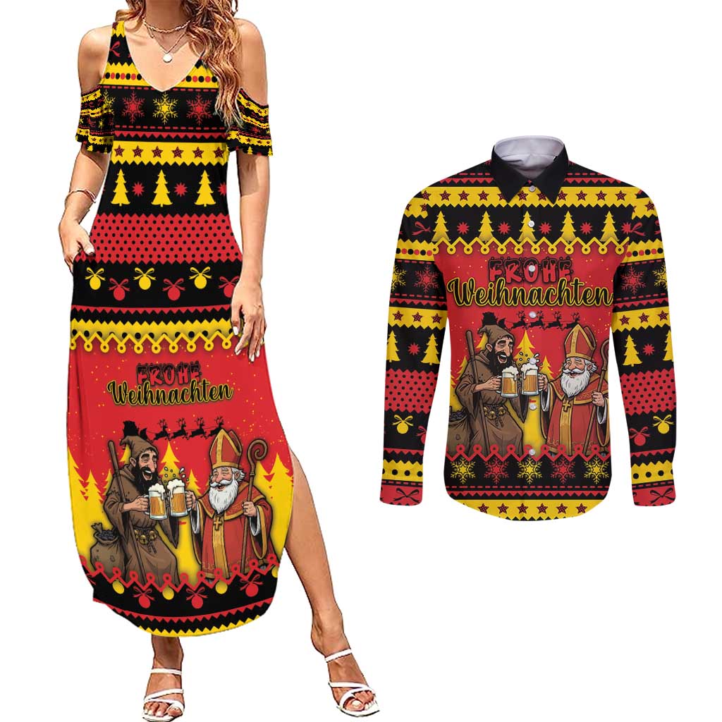 Germany Christmas Couples Matching Summer Maxi Dress and Long Sleeve Button Shirt Saint Nicholas And Knecht Ruprecht Drink Beer - Wonder Print Shop