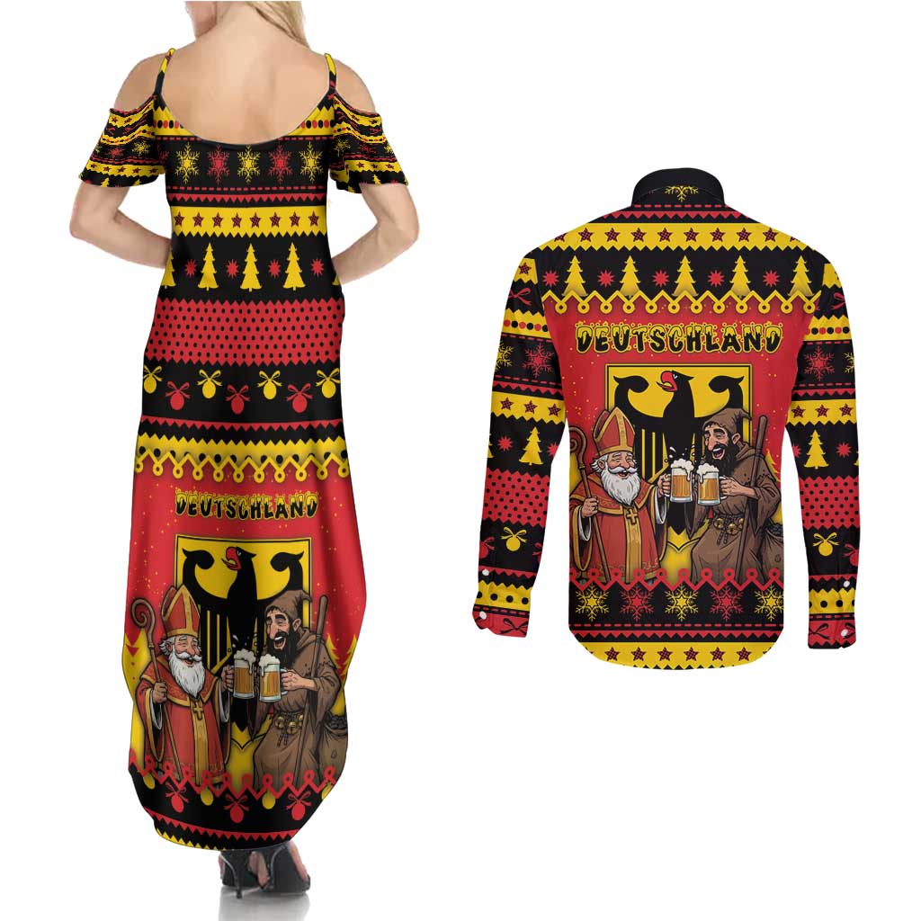 Germany Christmas Couples Matching Summer Maxi Dress and Long Sleeve Button Shirt Saint Nicholas And Knecht Ruprecht Drink Beer - Wonder Print Shop
