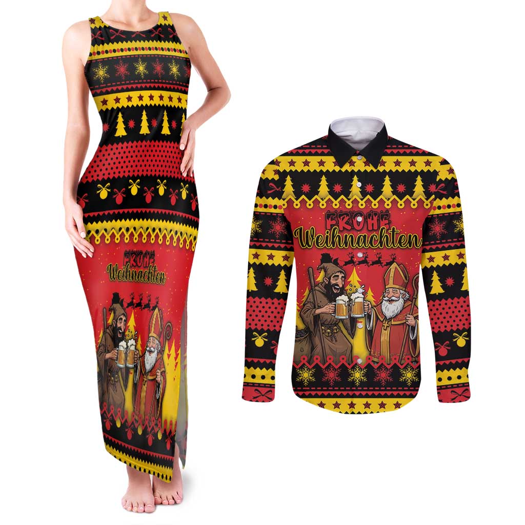 Germany Christmas Couples Matching Tank Maxi Dress and Long Sleeve Button Shirt Saint Nicholas And Knecht Ruprecht Drink Beer - Wonder Print Shop
