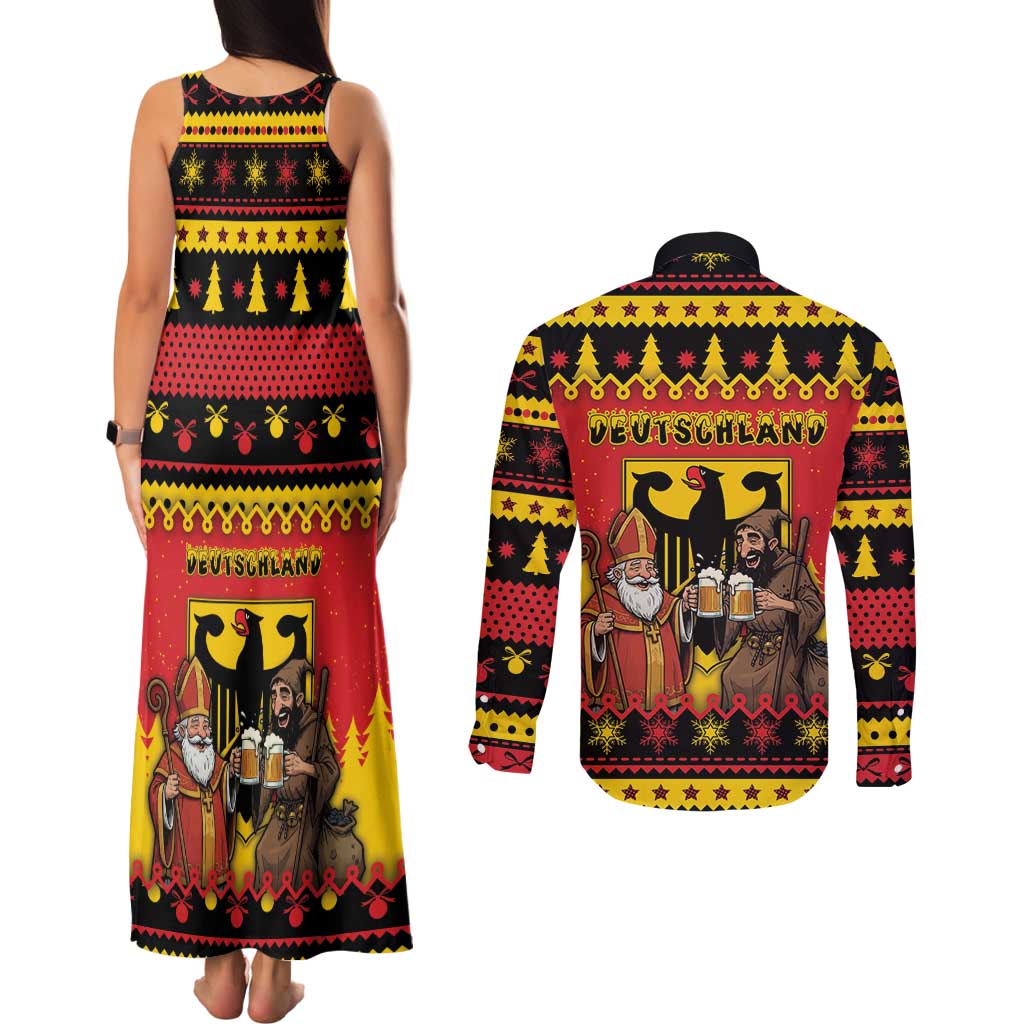 Germany Christmas Couples Matching Tank Maxi Dress and Long Sleeve Button Shirt Saint Nicholas And Knecht Ruprecht Drink Beer - Wonder Print Shop