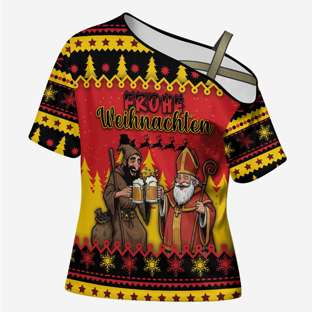 Germany Christmas Cross Shoulder Shirt Saint Nicholas And Knecht Ruprecht Drink Beer - Wonder Print Shop