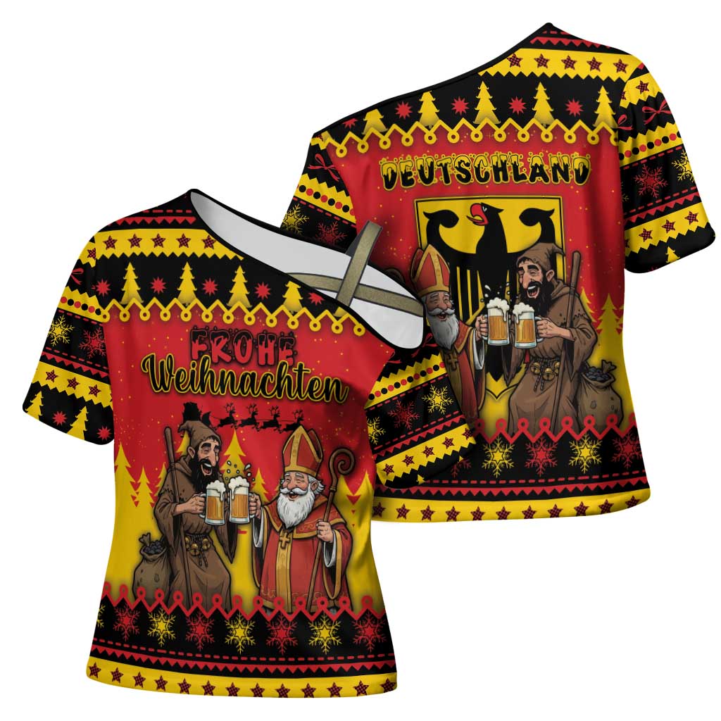 Germany Christmas Cross Shoulder Shirt Saint Nicholas And Knecht Ruprecht Drink Beer - Wonder Print Shop