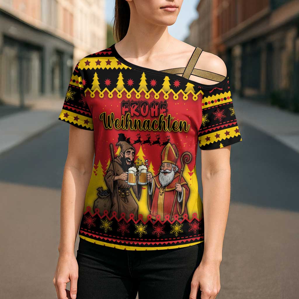 Germany Christmas Cross Shoulder Shirt Saint Nicholas And Knecht Ruprecht Drink Beer - Wonder Print Shop