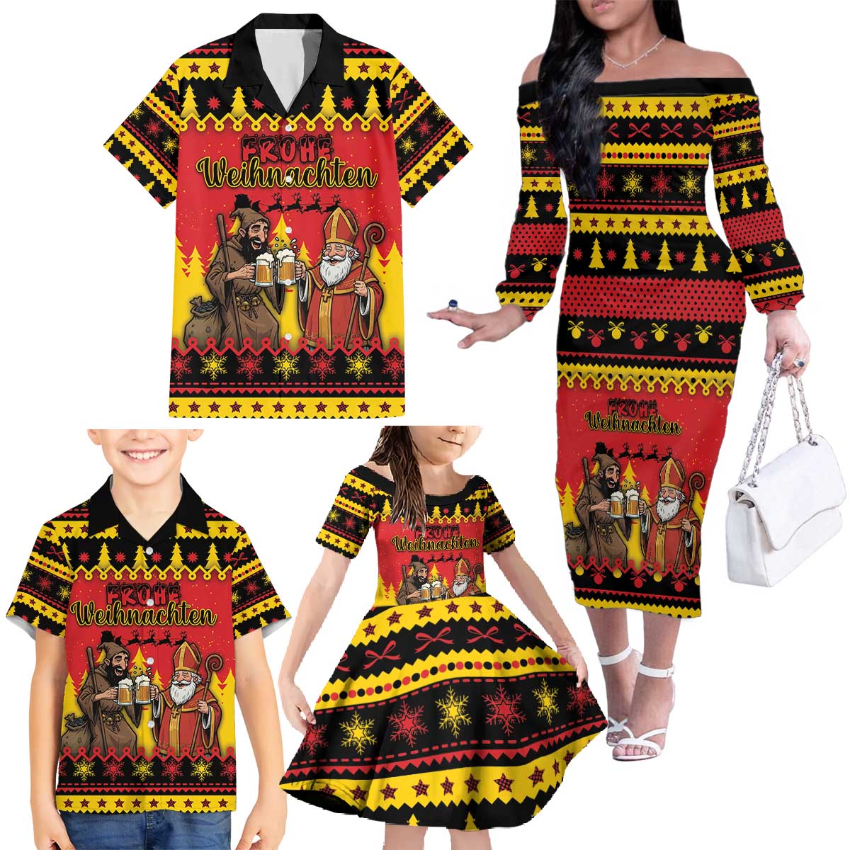 Germany Christmas Family Matching Off The Shoulder Long Sleeve Dress and Hawaiian Shirt Saint Nicholas And Knecht Ruprecht Drink Beer - Wonder Print Shop